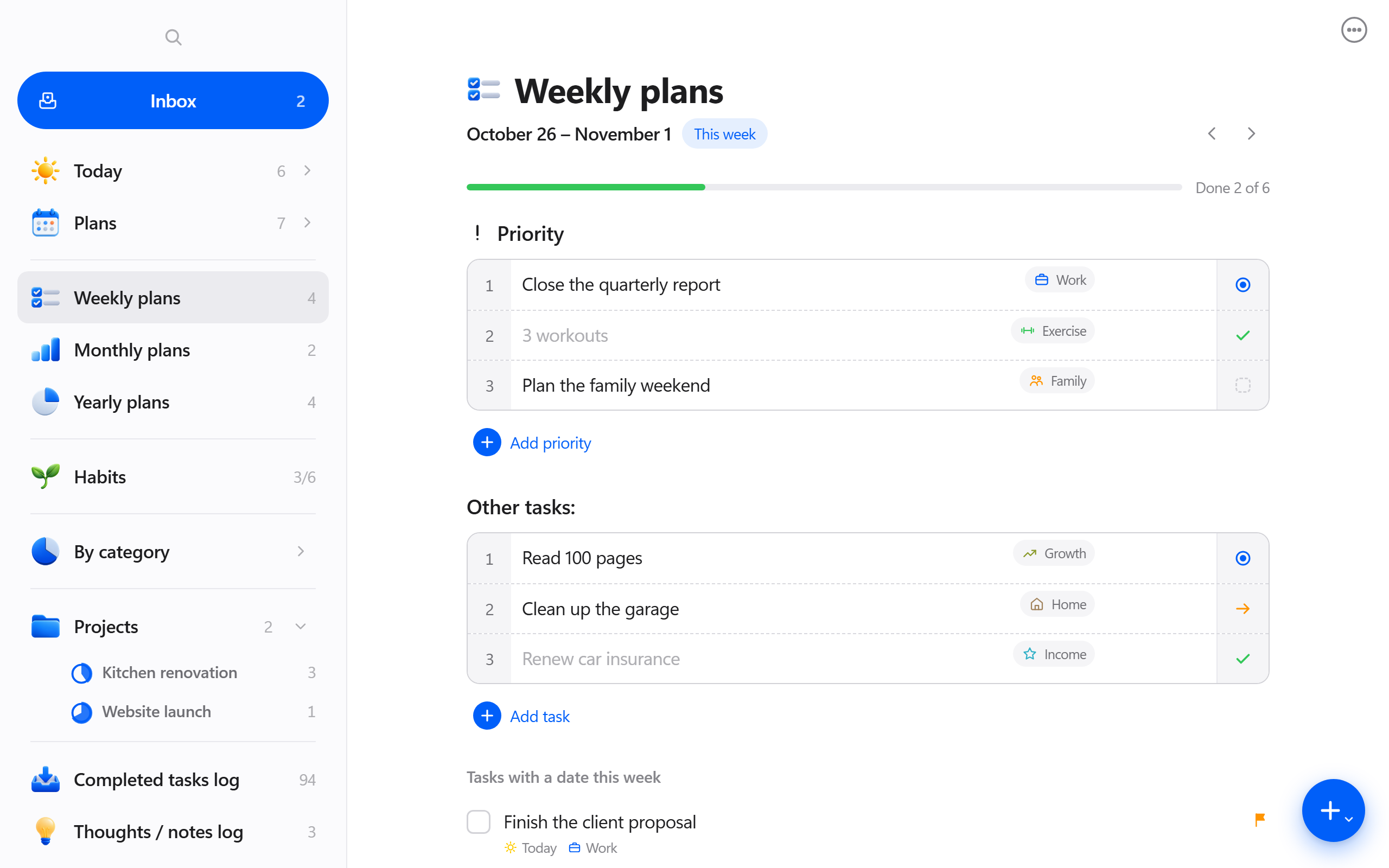 Planomi on a computer: the sidebar and the Weekly plans screen