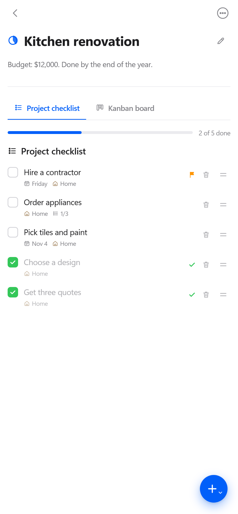 Project screen: a checklist of steps with dates, categories and progress