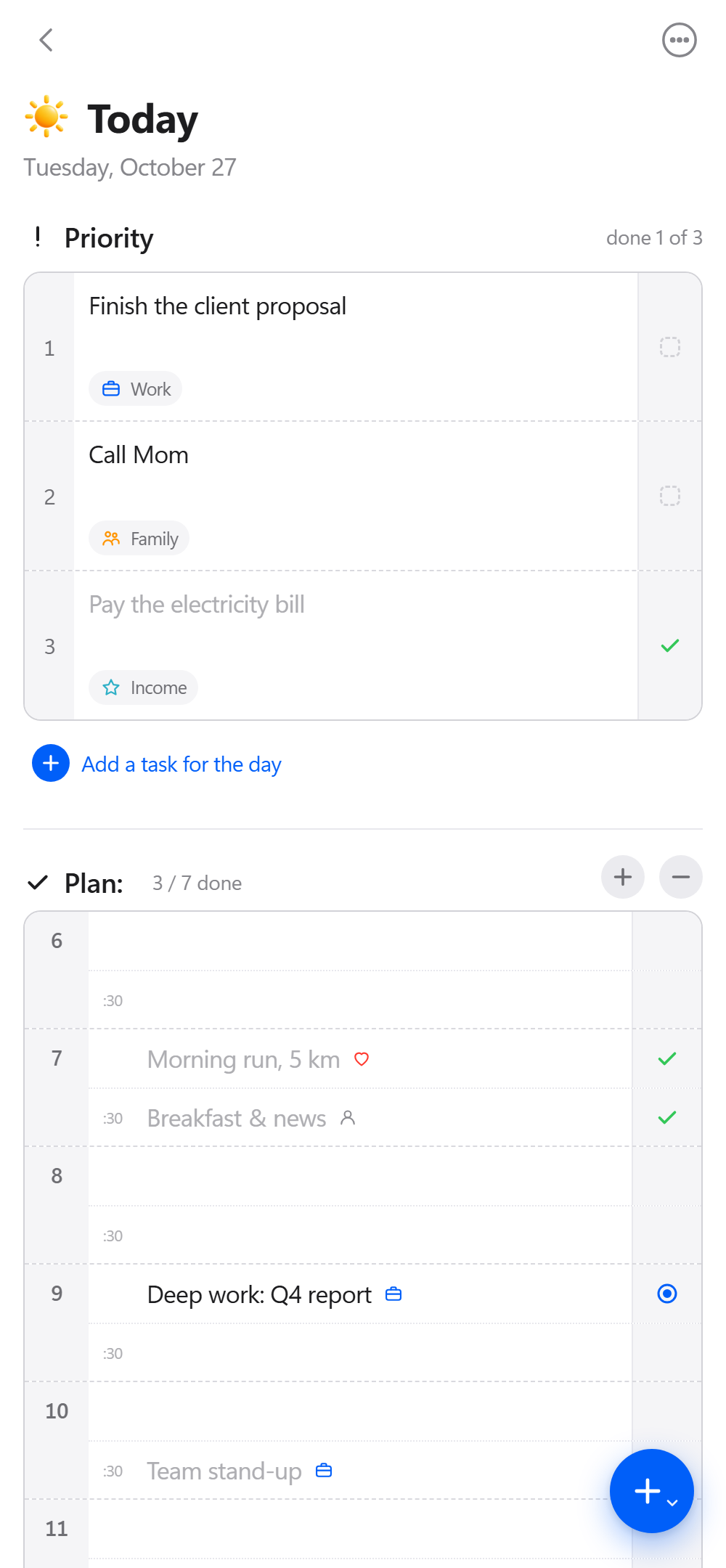 Today screen: three priorities and a timeline plan for the day